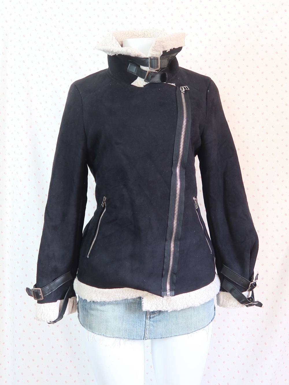 Y2k Black faux Shearling-Lined Asymmetrical Zip Women's Jacket